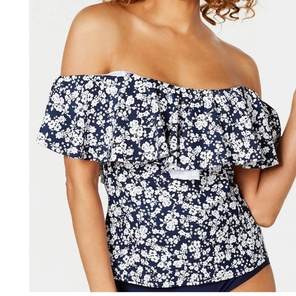 Island Escape Bliss Printed La Flor Ruffled Off-the-Shoulder Tankini Top 6 NEW - Picture 13 of 16